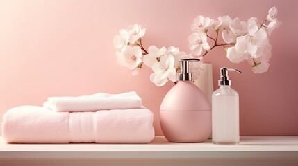 Aufkleber - Pastel pink bathroom decor with elegant accessories and soft lighting. Mockup image