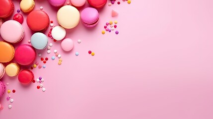 Wall Mural - Colorful macaroons on a pink background used as a frame for a festive card . Mockup image