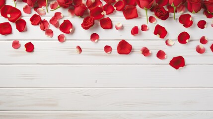 Poster - Red roses on a white rustic wooden background Holiday mockup with space for text