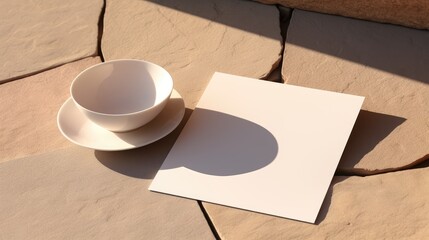 Poster - Minimalist mockup for a business brand template with blank card and envelope on a gray plate situated on a beige stone table with sunlight shadow offering copy s