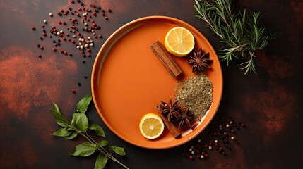 Top view of an orange plate with spices and herbs on an abstract background food mockup