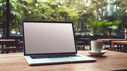 Sticker - White background mockup image of a laptop on a coffee shop desk where a man is using it for business contact searching for information