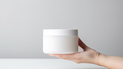 Poster - Mockup of cosmetic beauty product container with blank white plastic held by a woman s hand on a light gray background Available space for branding