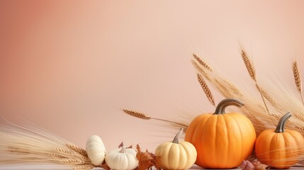 Poster - Fall themed creative concept with empty mockup area featuring decorative pumpkins dried grass and a pastel background