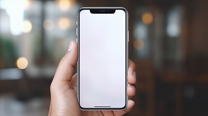 A businessman holding a blank smartphone screen in a close up with a blurred background . Mockup image