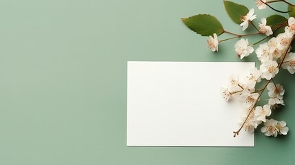 Canvas Print - Neutral green background with minimal aesthetic invitation template or postcard featuring a dry floral branch. Mockup image