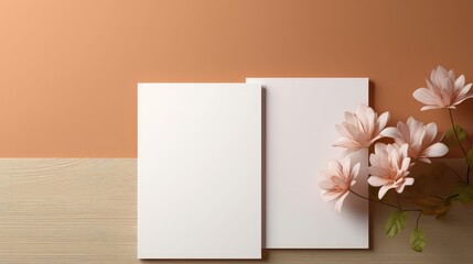 Aufkleber - Mockup template with copy space featuring flowers and empty paper cards on a warm rug background