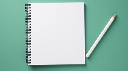 Poster - Top view of blank white paper notebook and colored pencils on pastel green background suitable for painting drawing and sketching Adequate space for text and a f. Mockup image