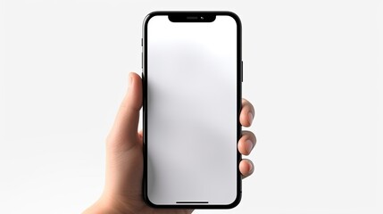 Poster - Black smartphone held by woman s hands white background blank screen for mockup