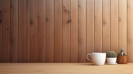 Leinwandbilder - Front view of workspace with wooden desk table supplies and coffee mug featuring copy space. Mockup image