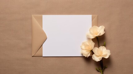 Aufkleber - Neutral beige linen background with empty card and flowers subtle aesthetic template for business branding advertising invitations or greeting cards . Mockup image