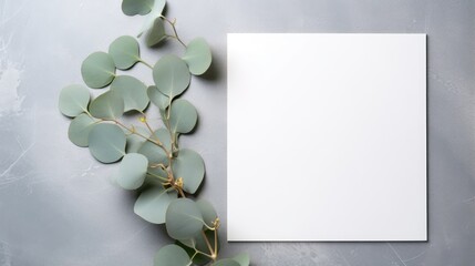 Poster - Flat lay greeting card mockup with eucalyptus on grey background