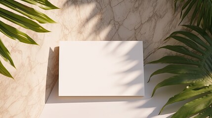 Poster - A brand template for business with a minimal design featuring blank cards and a palm leaf on a marble table under sunlight . Mockup image