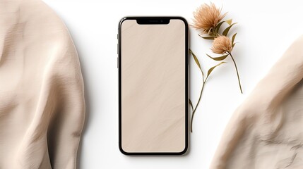 Wall Mural - Minimal neutral background with a mobile phone mockup and copy space accompanied by a floral branch and a blanket cloth Simplistic brand template for businesses