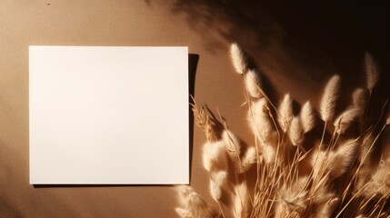 Poster - Minimal business brand template featuring a blank paper sheet with copy space surrounded by fluffy dried pampas grass under aesthetic sunlight shadow on a dark b. Mockup image