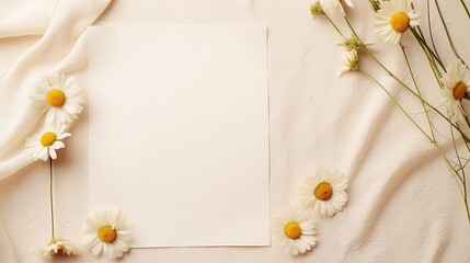 Poster - A blank wedding invitation template with chamomile buds and muslin cloth on a neutral background Minimalist and elegant. Mockup image