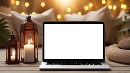 Poster - Boho themed home interior template featuring blank laptop screen candles and floor lamp Perfect for online branding and shop promotion on blogs and social media. Mockup image