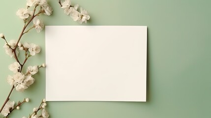 Canvas Print - Neutral green background with minimal aesthetic invitation template or postcard featuring a dry floral branch . Mockup image