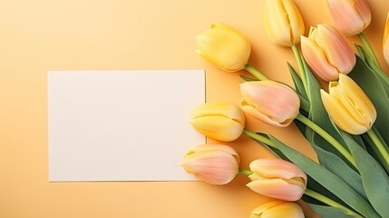 Poster - Abstract floral background with colorful bouquet of yellow tulip flowers and delicate aesthetic botany template. Mockup image