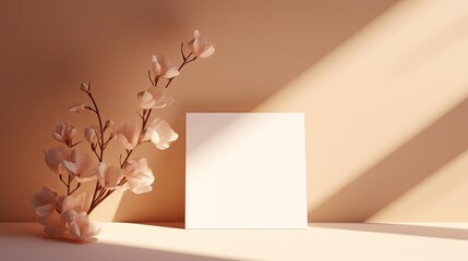 Poster - Minimalist template for business branding with blank cards floral shadows and sunlight on a beige background. Mockup image