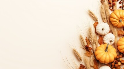 Poster - Small pumpkins and dried grass Autumn or holiday concept with blank space Top view. Mockup image