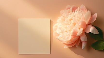 Poster - Luxury bohemian branding concept with peony flower shadows on peach background Top view minimalist aesthetic. Mockup image