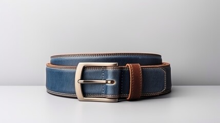 Poster - Blue denim jeans with a leather belt featuring a label sticker and tag White blank space closeup. Mockup image