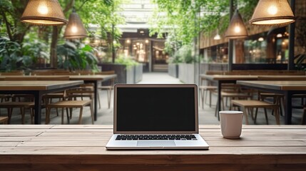 Poster - Hand holding laptop with blank screen on wooden table in cafe. Mockup image