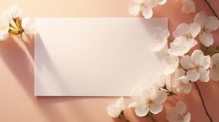 Wall Mural - Minimal business brand template with blank paper business card and white small flowers on beige pastel background. Mockup image