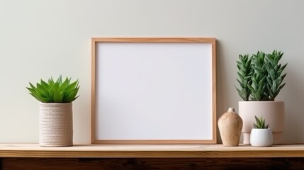 Aufkleber - Living room with brown frame and green shelf displaying plants in various pots Stylish personal items Home gardening Template. Mockup image