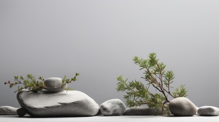 Aufkleber - Abstract scene in neutral grey background with stones pine tree branch and a podium for branding or packaging mockup Ample space for copy