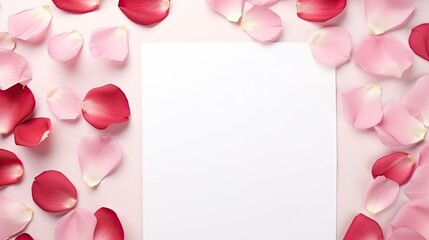 Poster - Minimal Valentine s Day template with a blank card pink rose petals in flat lay view . Mockup image