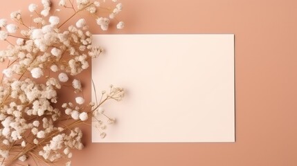 Poster - Mockup of a wedding invitation card featuring eucalyptus and gypsophila Card is blank and displayed on a beige background