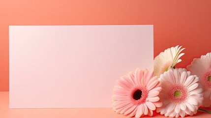 Poster - Wedding invitation template with blank card flowers and sunlight shadows on pink background. Mockup image