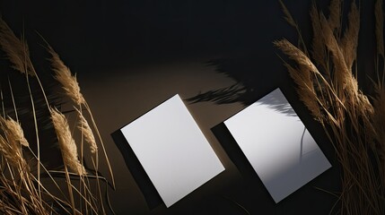 Poster - Flat lay business cards on dark background with blank space dried grass stem and sunlight shadows Minimal aesthetic brand template. Mockup image