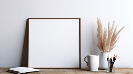Poster - Minimalist desk setup with dry grass coffee and pencil holder Frame on wall. Mockup image