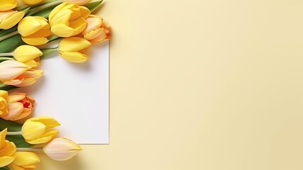 Fototapete - Floral themed template with blank mockup cards and colorful tulip bouquet