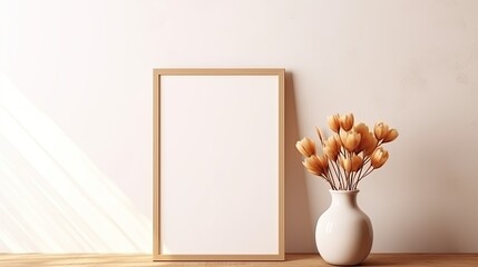Poster - Minimalist interior template with empty picture frame vase of flowers on table white wall background and geometric sun light shadow . Mockup image