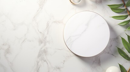 Aufkleber - Flat lay mockup scene featuring beauty cosmetics product presentation on a white marble table with a white circle shape and copy space Trendy sunlight and top vi