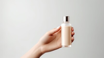 Poster - Female hand holding glass bottle of foundation cream on light gray background with branding mockup Ample space for text
