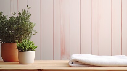 Aufkleber - Copy space on wooden table with wooden poster houseplant and bath towels mockup