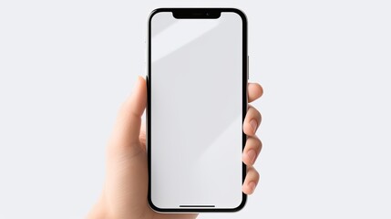 Poster - Panoramic view of woman s hands on white background using blank screened smartphone. Mockup image