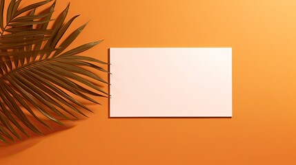 Poster - Blank mockup card with dried palm leaf on orange background and soft sunlight shadow silhouette