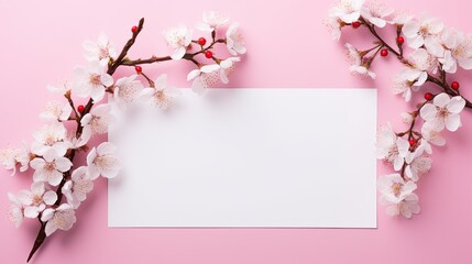 Wall Mural - Empty white paper with flower decoration on a pink background along with a mockup of a white invitation card