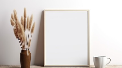 Aufkleber - Minimalist desk setup with dry grass coffee and pencil holder Frame on wall. Mockup image