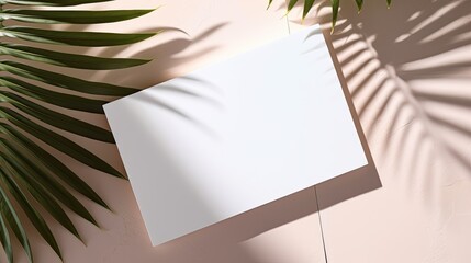 Poster - A brand template for business with a minimal design featuring blank cards and a palm leaf on a marble table under sunlight. Mockup image