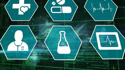 Poster - Animation of multiple medical icons and blue glowing digital wave against data processing