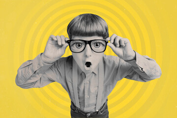 Wall Mural - Surreal collage picture image artwork of funny nerd schoolboy staring open mouth touch eyewear shock isolated on yellow background