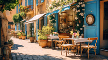  Provencal Cafe On A Cobbled Street. Wooden Tables With Blue Tablecloths, Fresh Flowers In Clay Pots. Provencal Romance. Banner. Generative Ai