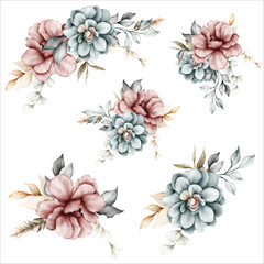 Wall Mural - beautiful floral bouquet with vintage watercolor flower and leaves